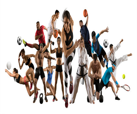 Picture of multiple different athletes with tennis racket and ball, soccer ball, volleyball, and basketball. 